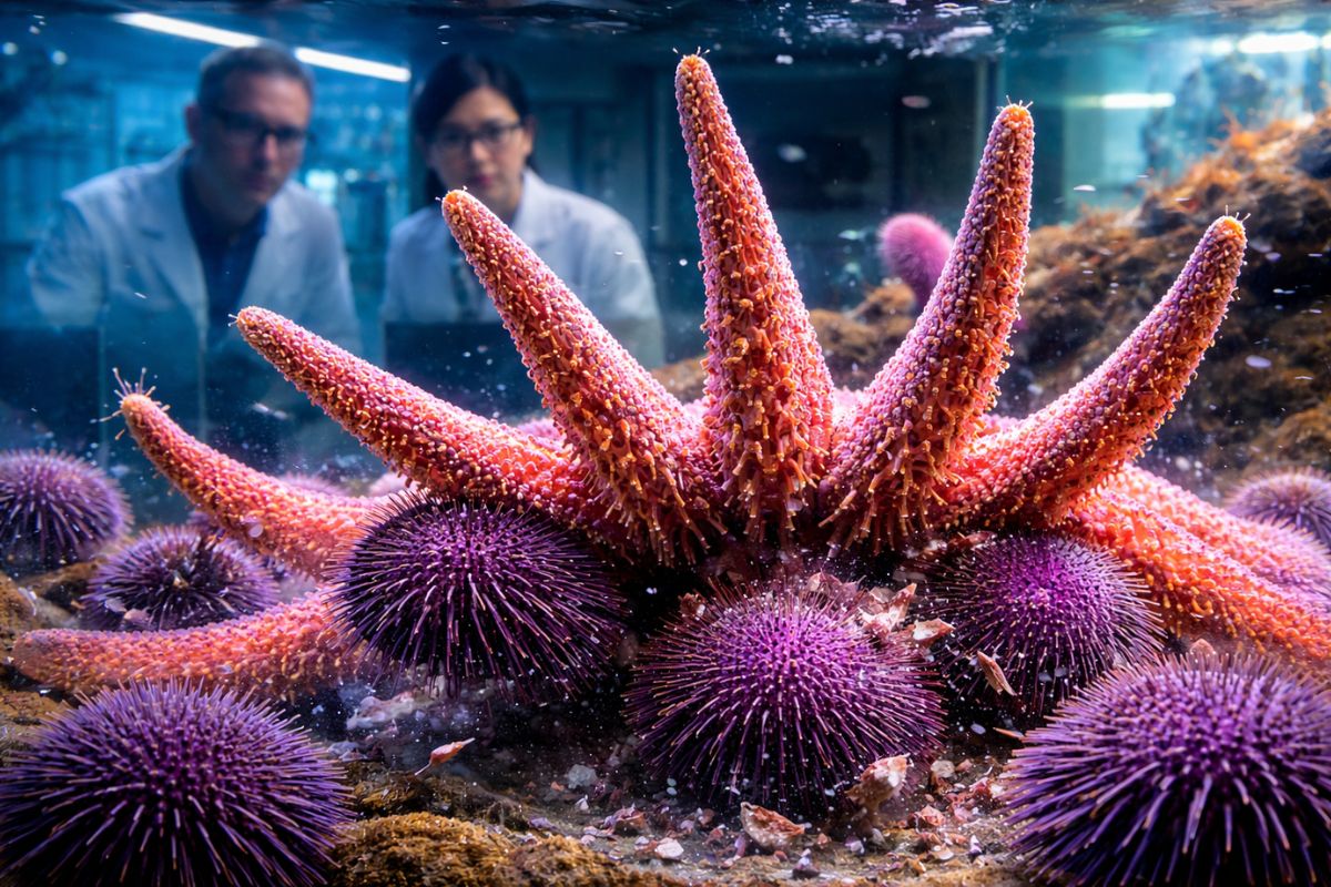 Estrela-do-mar girassol é criada para salvar florestas de algas, conter ouriços-do-mar roxos, usar DNA ambiental e permitir reintrodução na natureza do predador-chave.