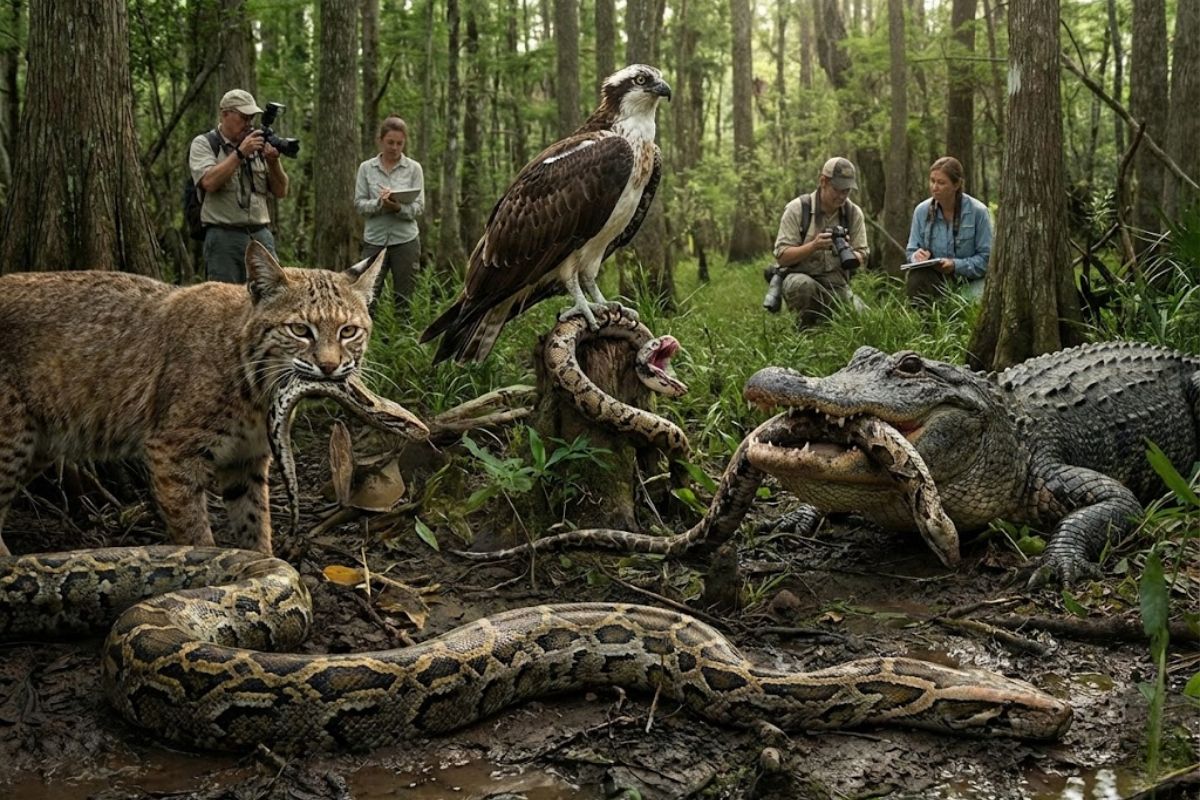 Cobras decapitadas na Flórida expõem reação dos predadores nativos nos Everglades e mostram como a invasão da píton altera o equilíbrio ecológico.