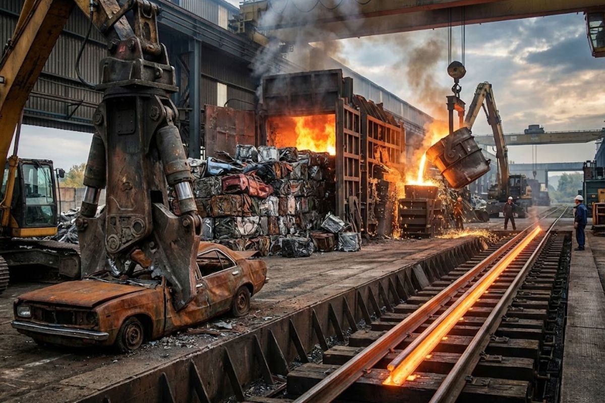 trilhos de trem ganham vida com aço reciclado de carros antigos em fundição e laminação precisas, com testes e corte a laser para ferrovias modernas.