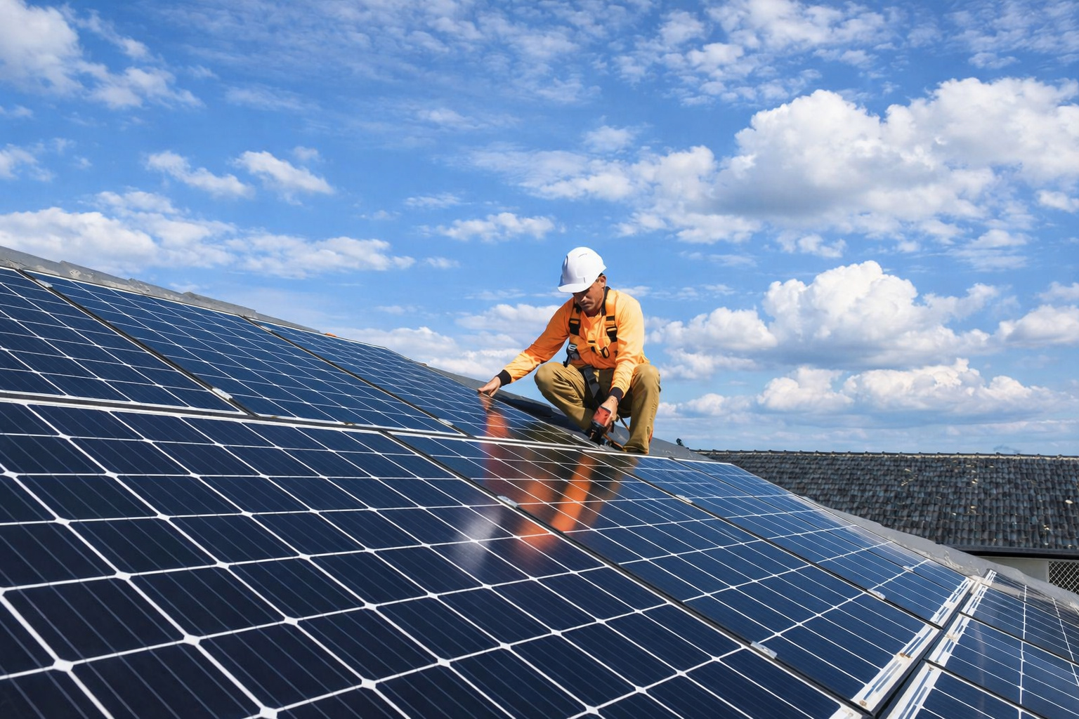 Técnico utilizando equipamentos de segurança enquanto inspeciona painéis solares instalados em um telhado, sob céu azul com nuvens.