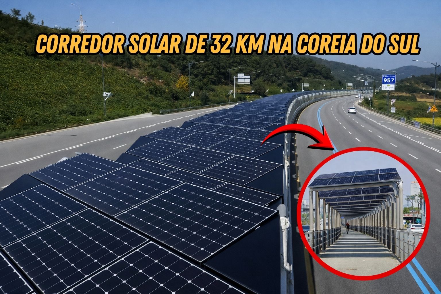 32 km de painéis solares sobre o asfalto, carros nas laterais e ciclovia protegida ao centro: a Coreia do Sul transforma rodovia em usina urbana e referência mundial em mobilidade e energia
