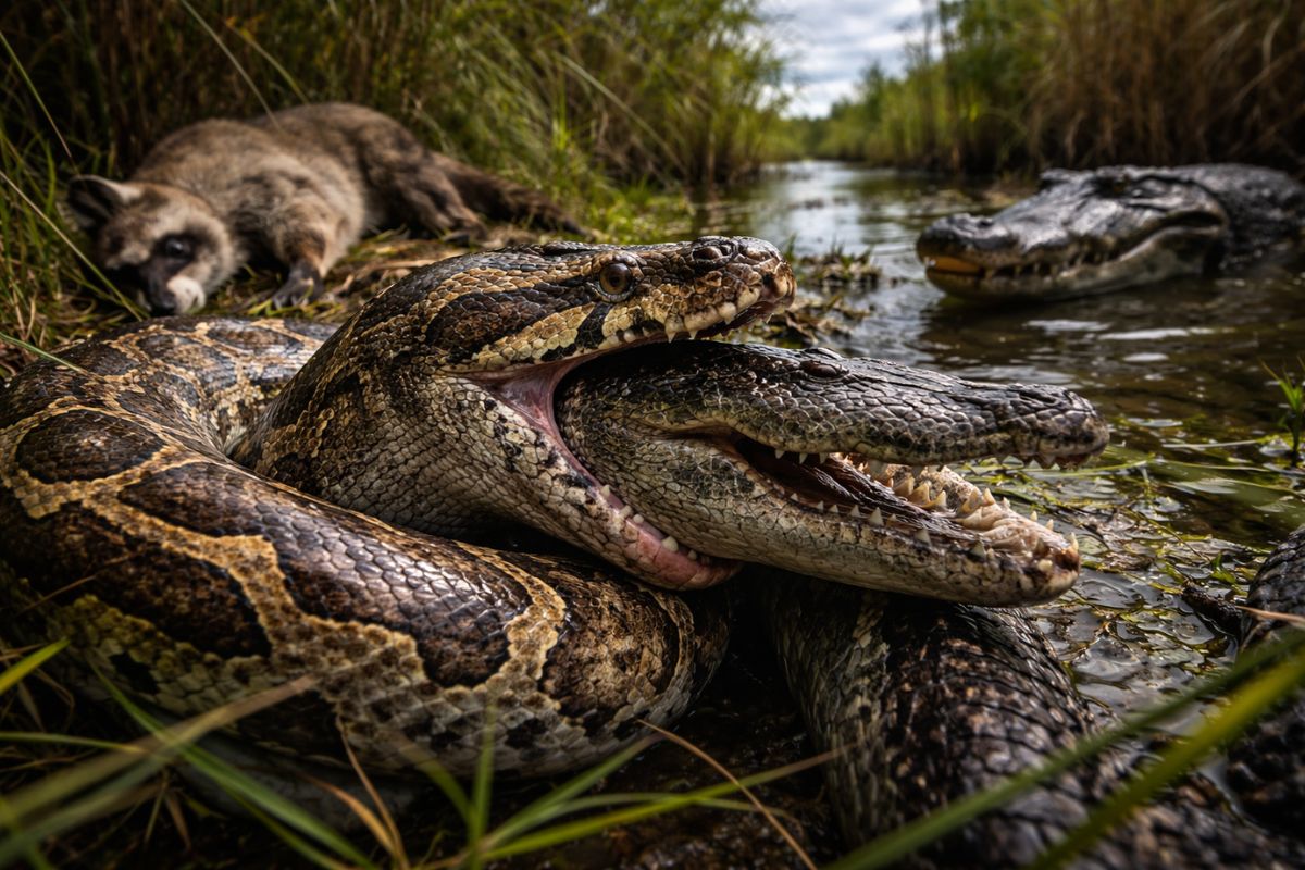 Pítons invasoras ameaçam Crocodilos na Flórida, avançam pelos Everglades, ampliam espécies invasoras e causam grave desequilíbrio ecológico nos pântanos.