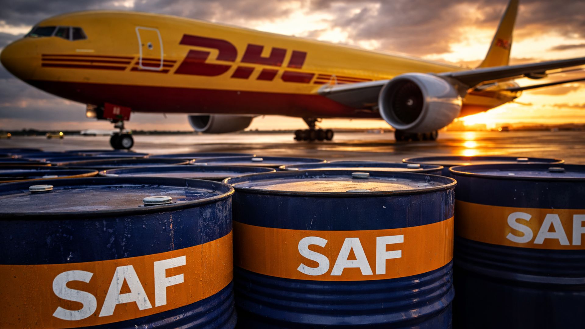 Avião cargueiro da DHL em pista de aeroporto ao entardecer, com barris de combustível sustentável de aviação (SAF) em primeiro plano, representando a estratégia de descarbonização do transporte aéreo