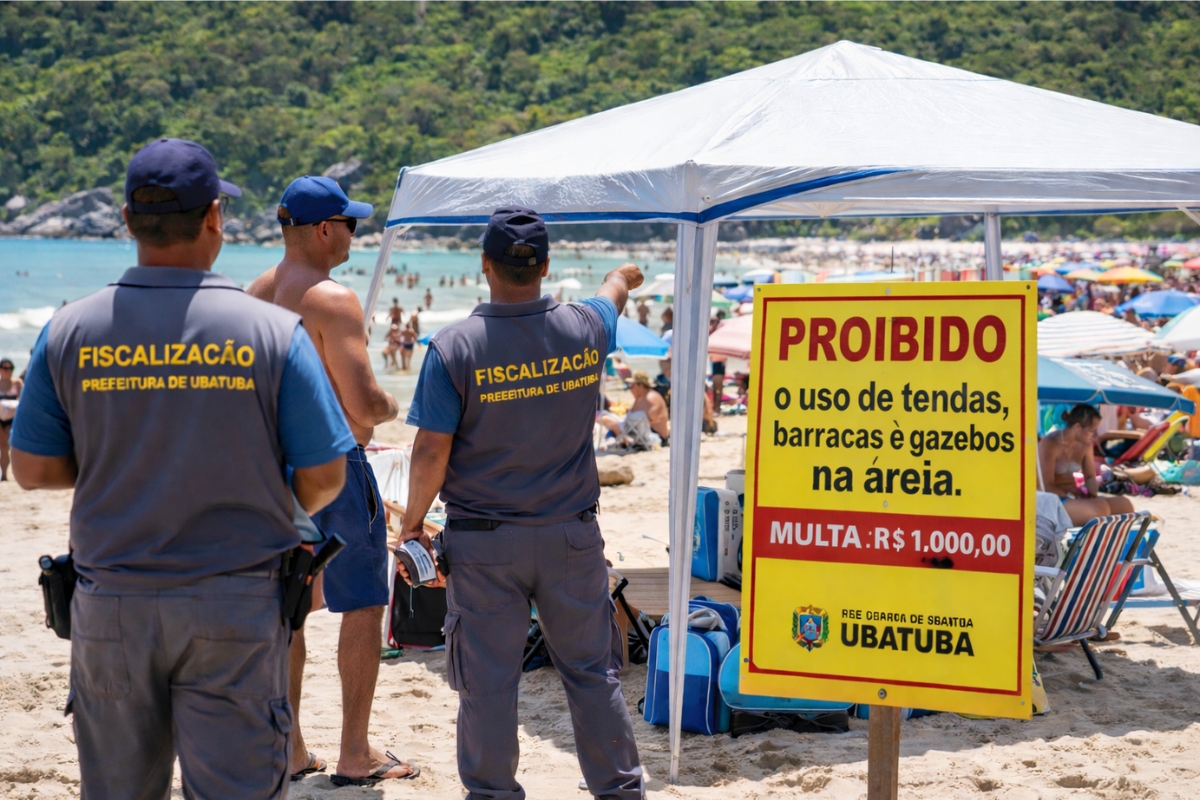 Ubatuba endureceu: lei 4.676/2025 proíbe tendas, barracas e gazebos nas 102 praias, multa pode chegar a R$ 1.000