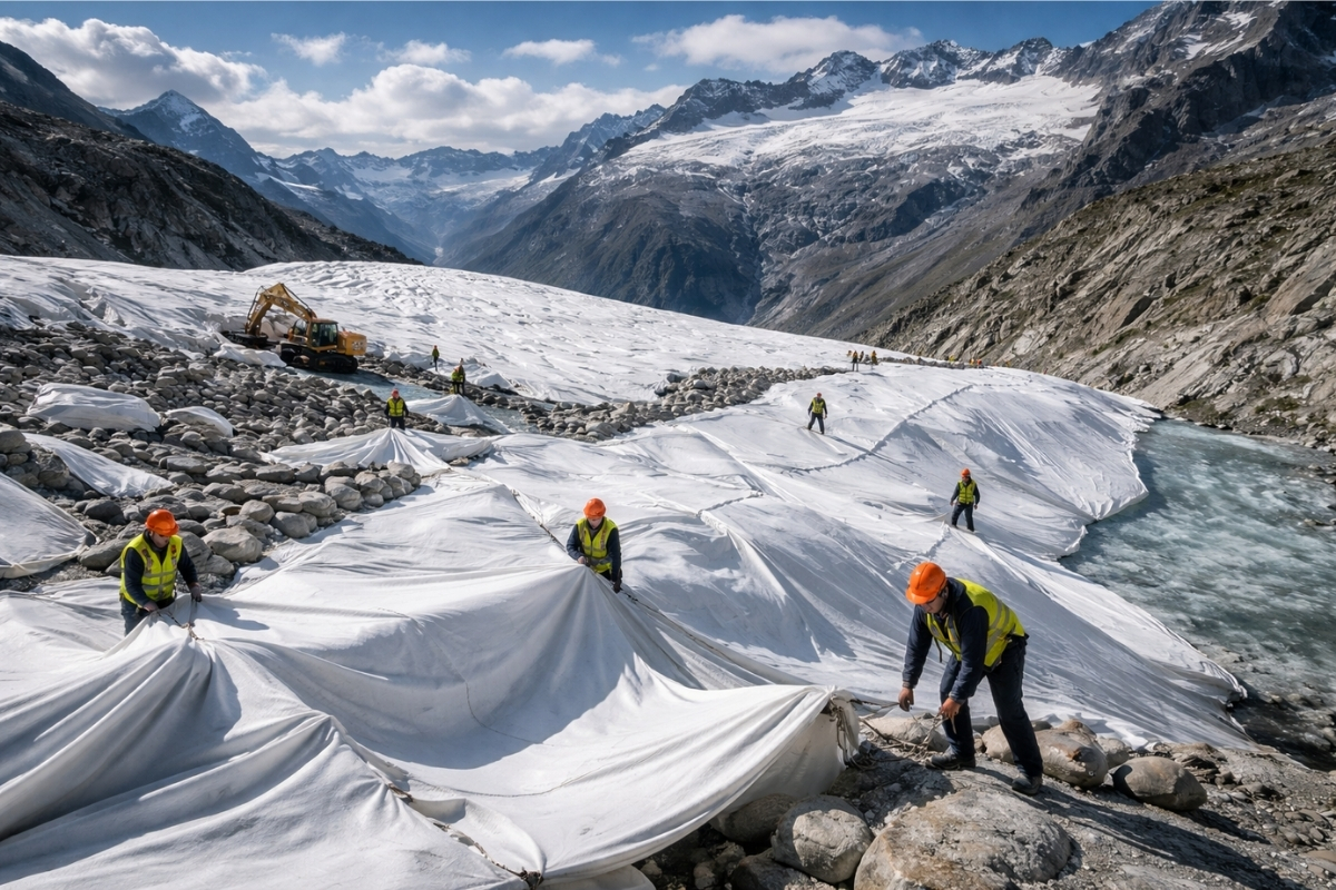 A Suíça está cobrindo glaciares com mantas geotêxteis brancas para refletir o sol e reduzir o derretimento no verão; a técnica corta perdas em 50% a 70%, mas levanta críticas sobre microplásticos e custo