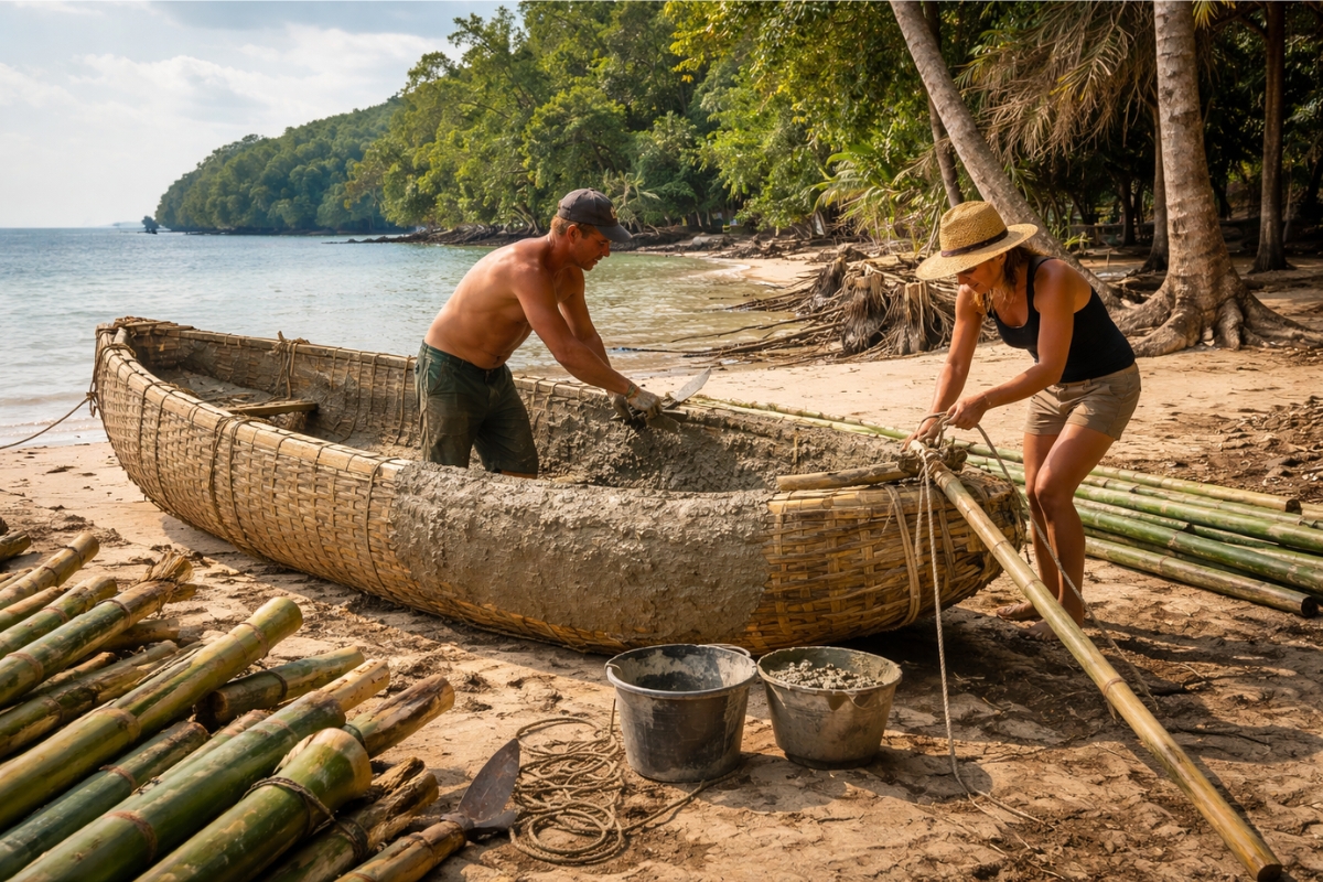 Casal vive isolado em uma ilha e surpreende ao construir um barco funcional só com bambu e cimento