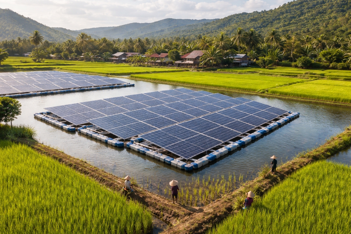 Um povoado cambojano deixou a pobreza para trás ao instalar painéis solares flutuantes sobre arrozais, com menos evaporação e irrigação mais segura