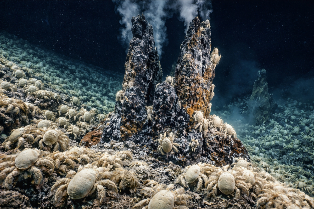 Vale abissal na Antártida a quase 2,6 km revela chaminés a mais de 380 °C cobertas por caranguejos peludos brancos