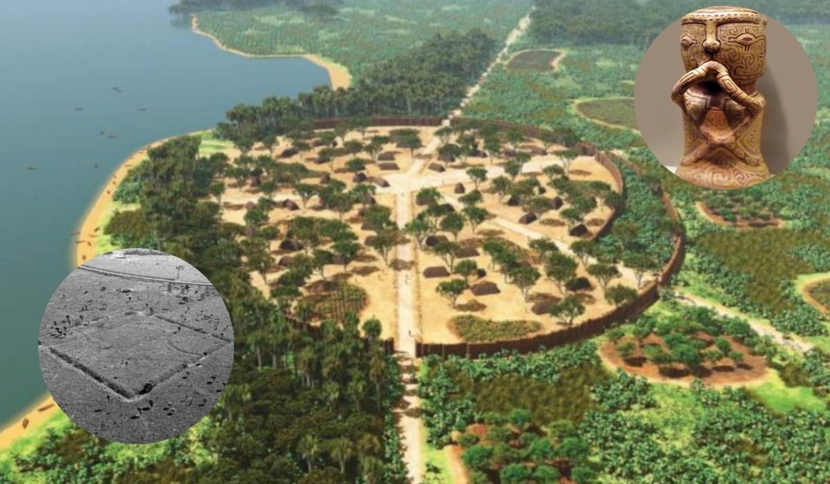 Descobertas arqueológicas revelam ocupação indígena complexa no Brasil antes de 1500, com geoglifos, Terra Preta e cerâmica amazônica. (Imagem: Colagem/scientificamerican/researchgate)