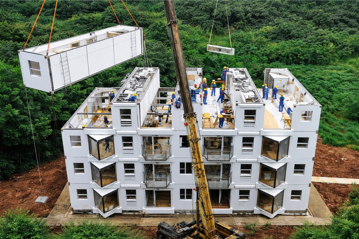 China registra montagem de edifício residencial de 10 andares em 28 horas e 45 minutos usando sistema modular industrializado, com módulos pré montados, conexões parafusadas e logística padronizada