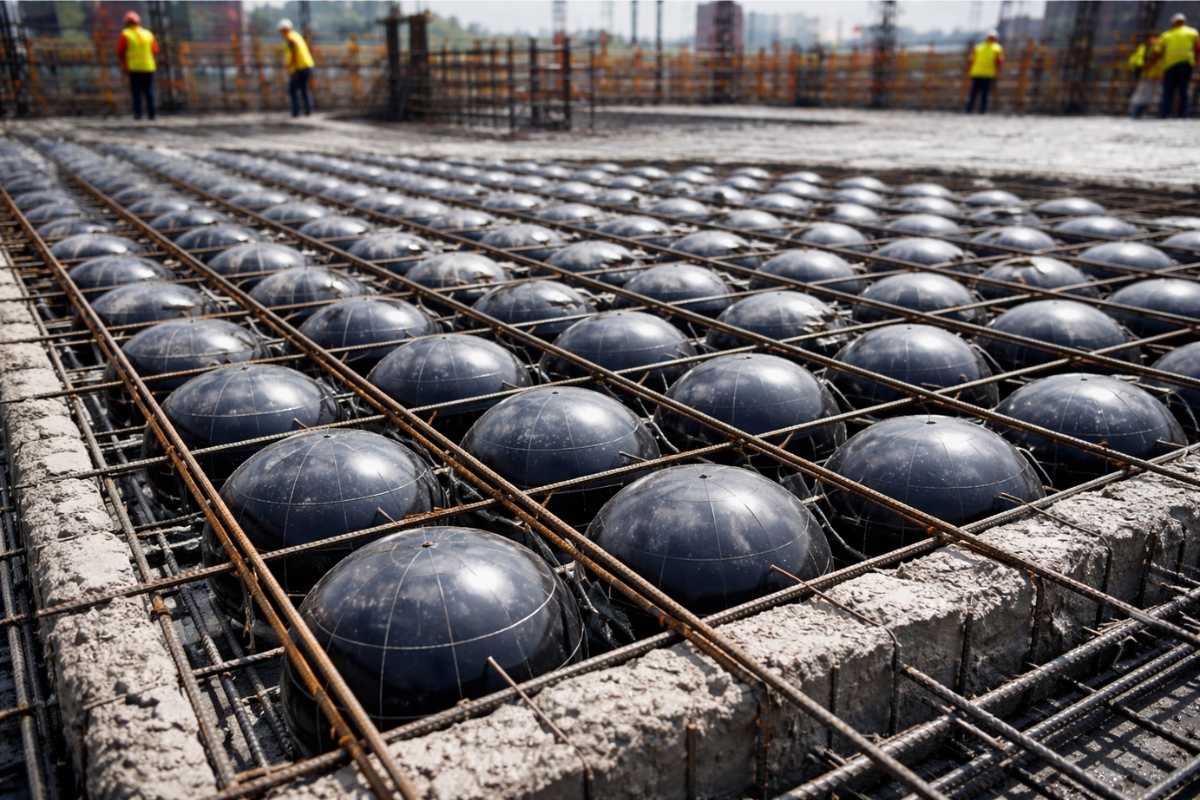 Uso de lajes com bolas ocas ganha espaço em obras ao reduzir até 35% do peso com menos concreto e melhorar desempenho estrutural
