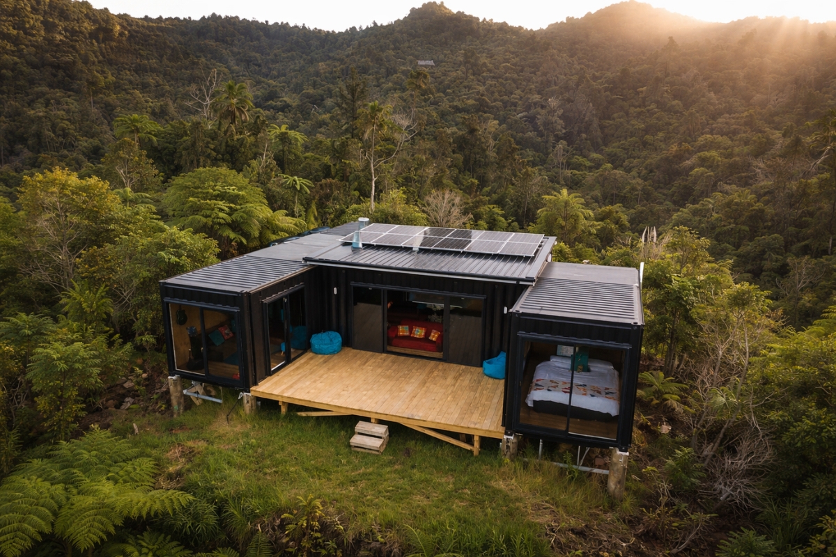 Cinco contêineres de 6 metros viraram uma casa 100% autossuficiência em área de mata, com energia solar, chuva captada no telhado e saneamento por compostagem