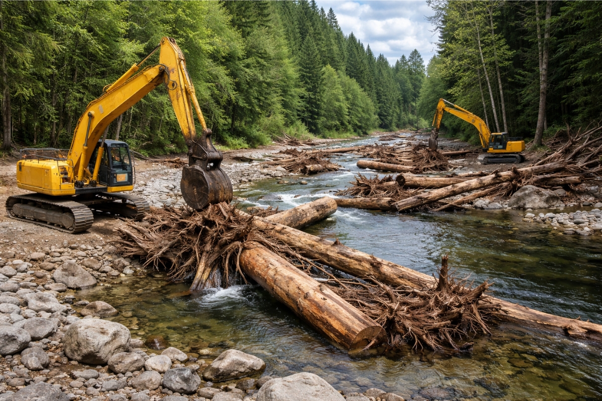 Equipes “plantam” troncos gigantes no leito de rios dos Estados Unidos e do Canadá, usando escavadeiras e posicionamento estratégico, para desacelerar a água e recuperar habitat, e os peixes encontram abrigo imediato