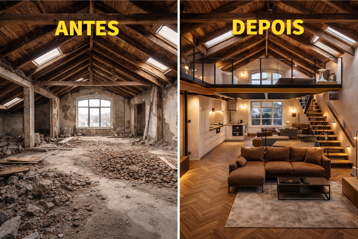 Jovem transforma apartamento em ruínas no último andar, cria loft moderno de dois níveis e entrega acabamento de alto padrão em tempo recorde