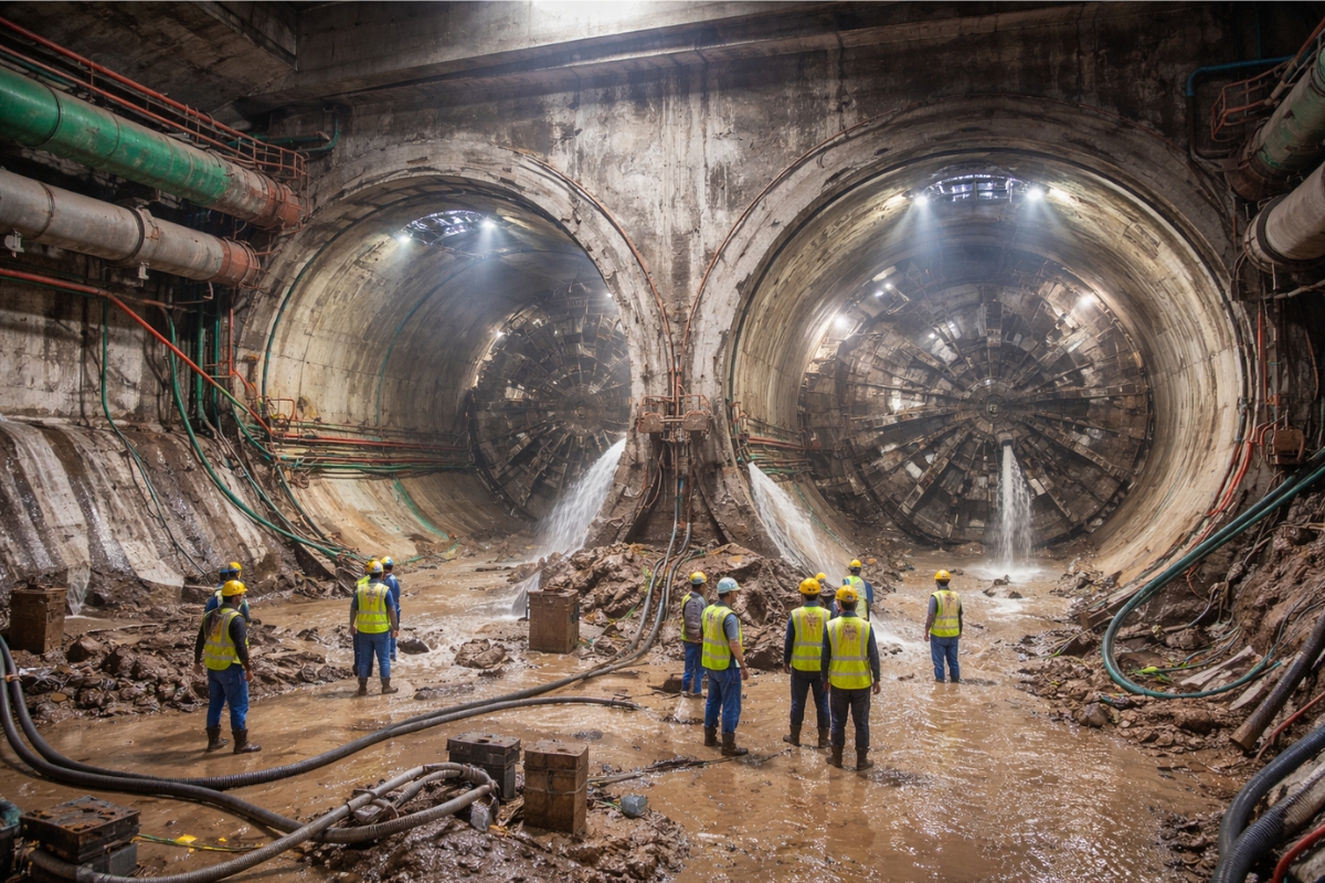 O primeiro túnel de metrô da Índia sob um rio exigiu congelamento do subsolo e avanço em areias saturadas, com infiltrações capazes de afetar bairros inteiros