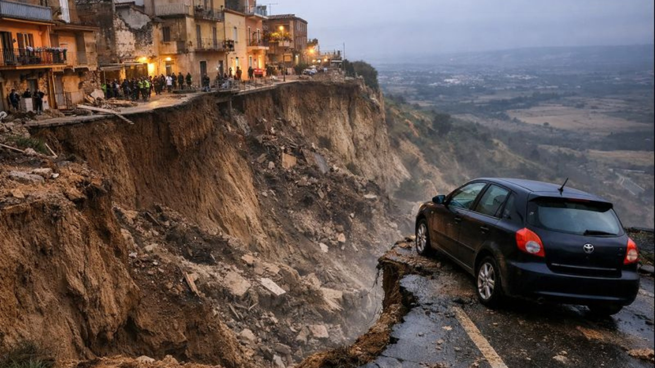 Cidade de Niscemi enfrenta deslizamento de terra após tempestade na Sicília, com casas interditadas e estado de emergência na Itália.