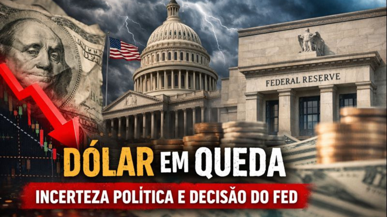 Queda do dólar reflete incerteza política nos EUA e expectativa pela próxima decisão de política monetária do Federal Reserve.