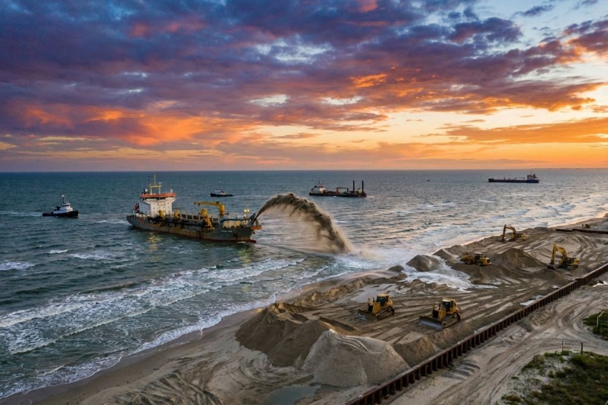 Areia dragada reforça Galveston no Golfo do México para conter erosão, ampliar a Praia Oeste e aumentar proteção contra furacões, com deposição de material até o fim de janeiro ou início de fevereiro de 2026.
