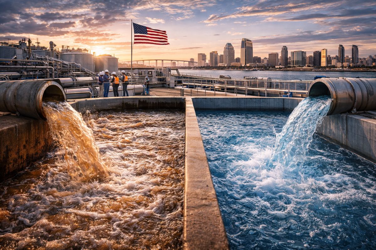 Megaprojeto em San Diego transforma esgoto em água potável por reúso, injeta milhões de galões por dia no sistema e busca evitar colapso hídrico histórico até 2035 na Califórnia.