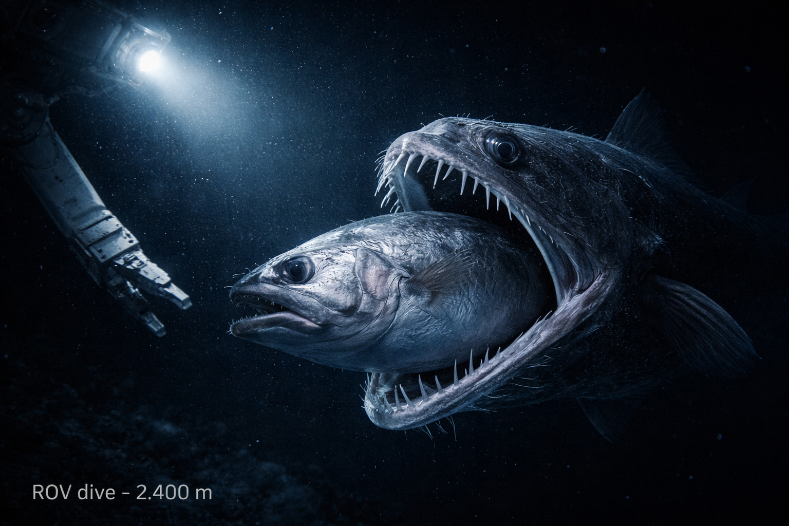 Em mergulhos robotizados no mar profundo, cientistas registram peixes de dentes transparentes e bocas retráteis capazes de engolir presas maiores que o próprio corpo