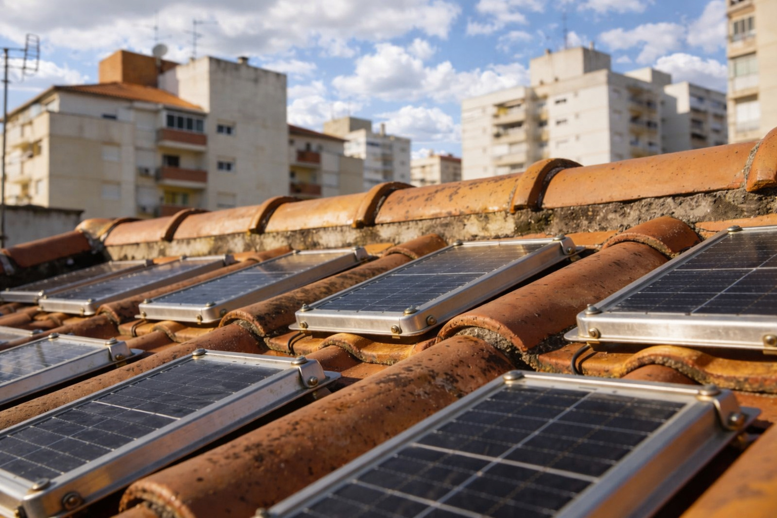 Painéis solares instalados em telhado de cerâmica com prédios residenciais ao fundo e céu com nuvens.