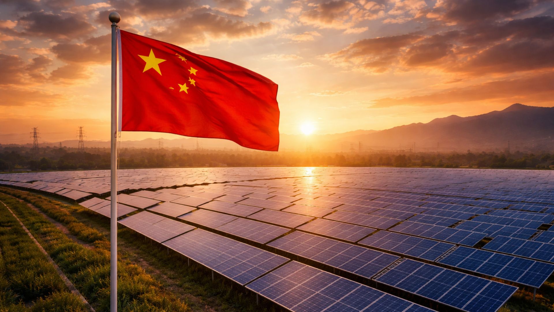 Usina de energia solar na China com extensos painéis fotovoltaicos ao pôr do sol e bandeira chinesa em mastro, simbolizando recorde de expansão da matriz renovável em 2025.