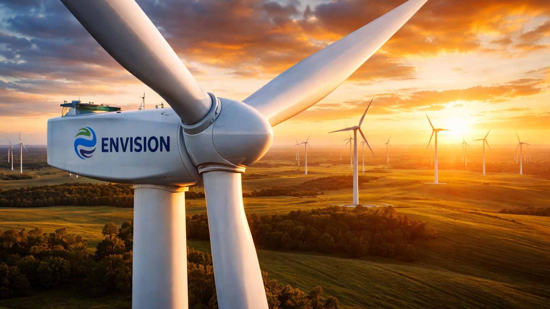 Turbina de energia eólica da Envision em destaque em parque eólico de grande escala, representando projeto de 630 MW no Brasil com uso de inteligência artificial