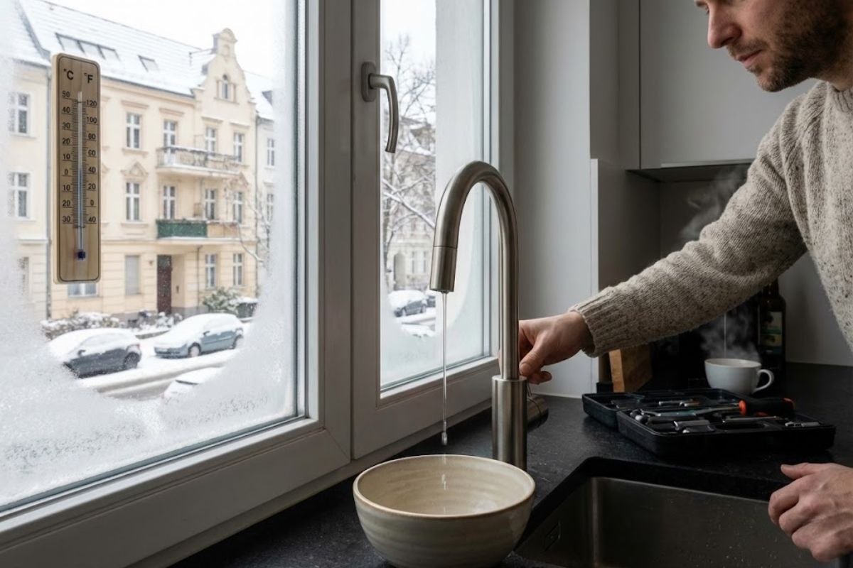 Europeus recomendam torneira pingando no inverno para manter água em movimento e proteger canos do congelamento, reduzindo risco de rompimento, vazamentos e custos de reparo.