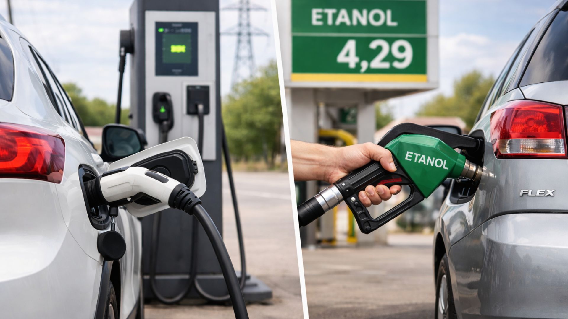 Carro elétrico sendo carregado em estação de recarga ao lado de veículo flex abastecido com etanol, ilustrando o debate sobre transição energética no setor automotivo