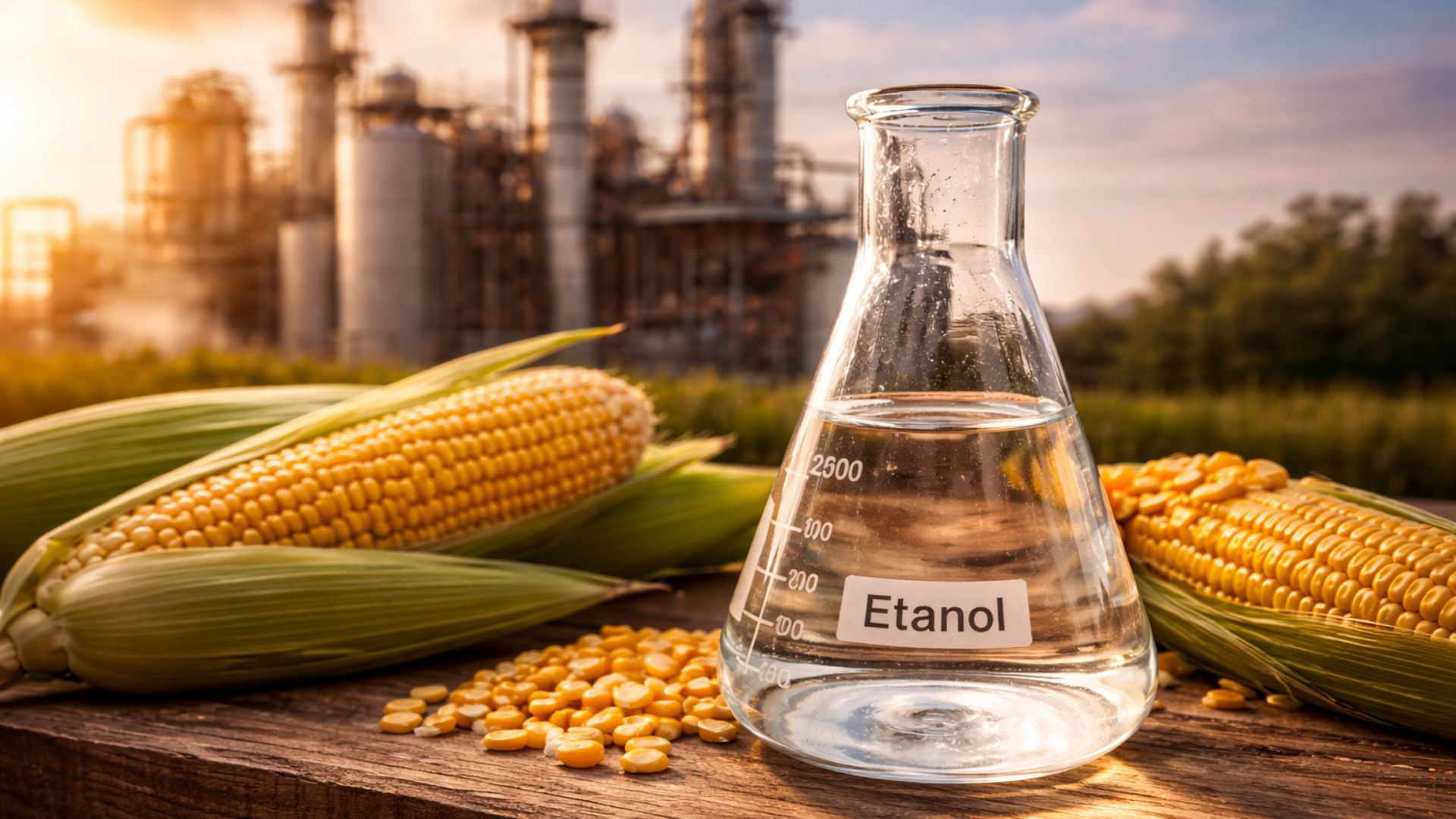Frasco erlenmeyer com etanol produzido a partir do milho, ao lado de espigas e grãos, com refinaria de etanol desfocada ao fundo