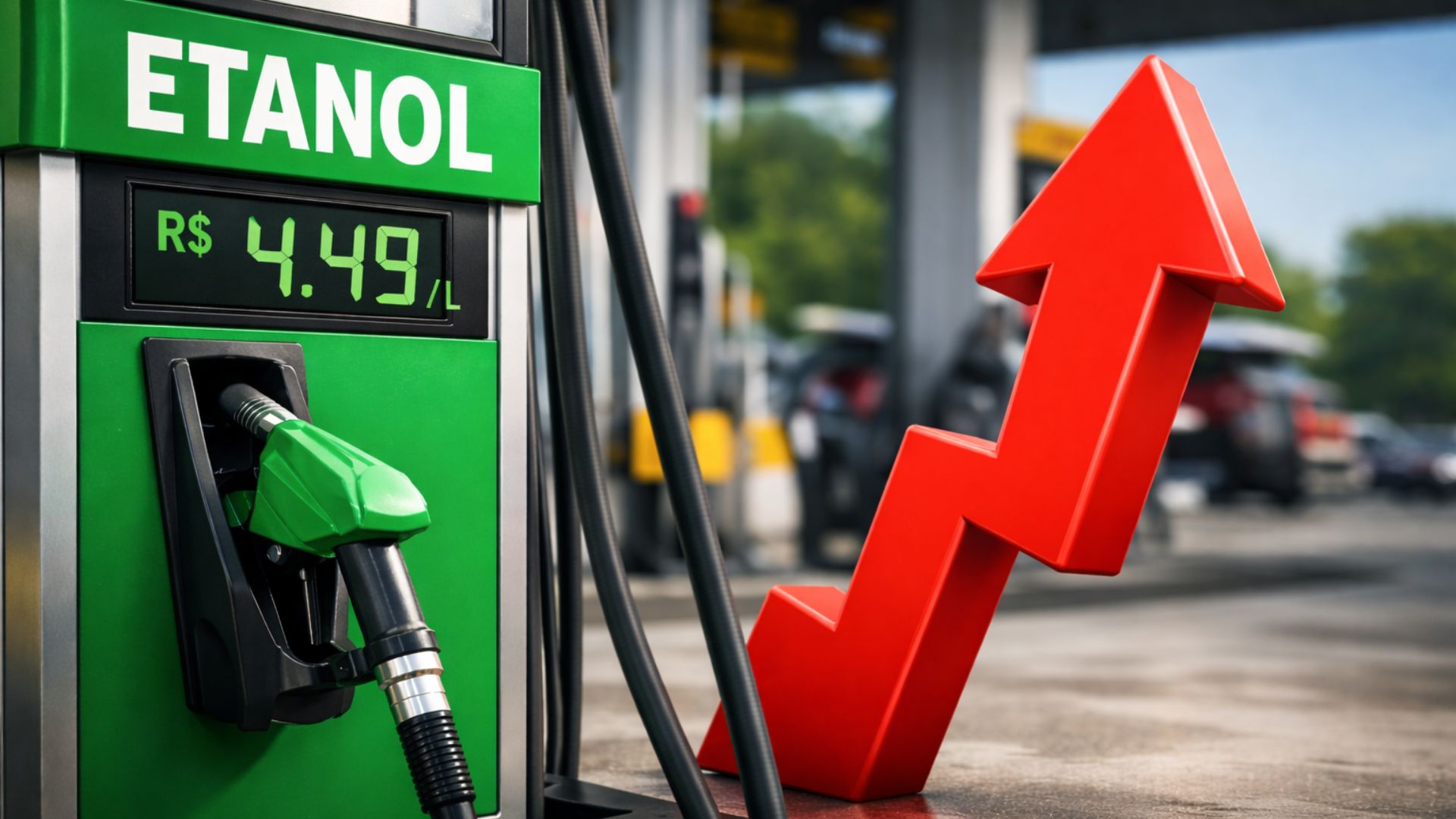 Bomba de etanol em posto de combustível com seta vermelha apontando para cima, simbolizando alta no preço do etanol no Brasil