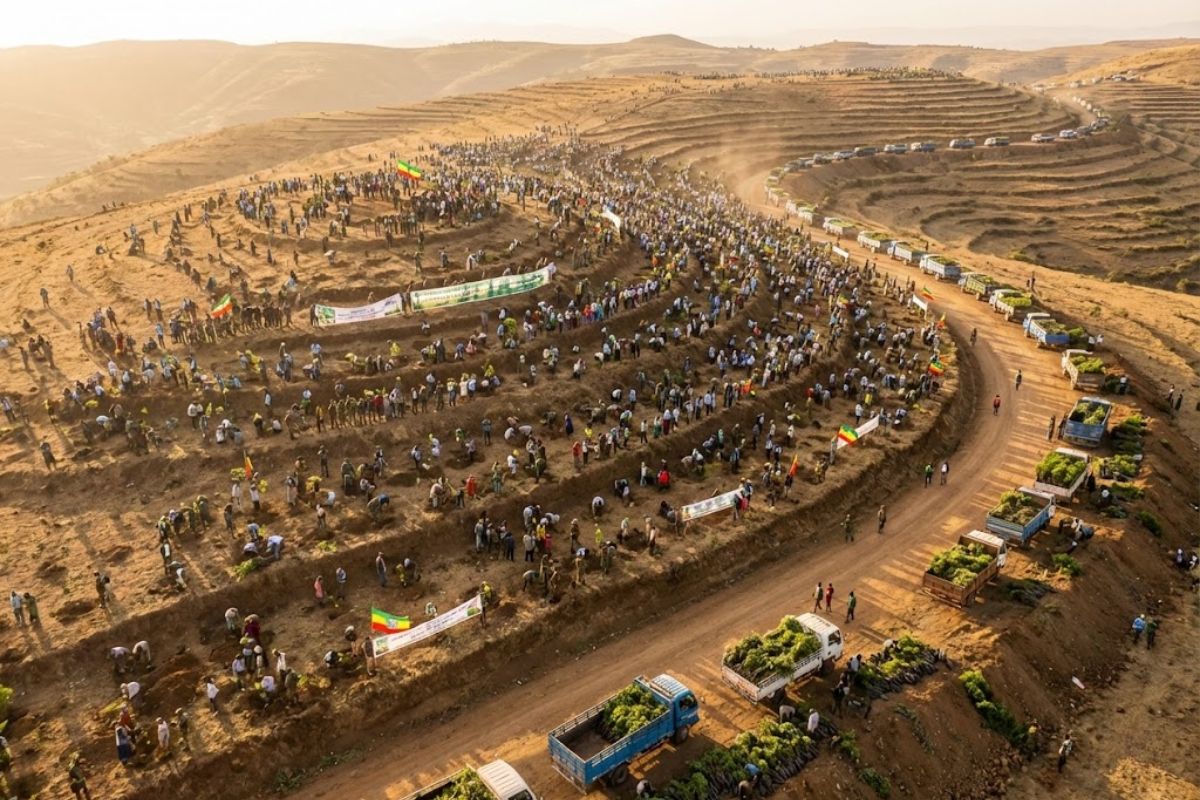 Etiópia bate recorde com Green Legacy: reflorestamento contra desmatamento e aquecimento global após 350 milhões de árvores em 12 horas.