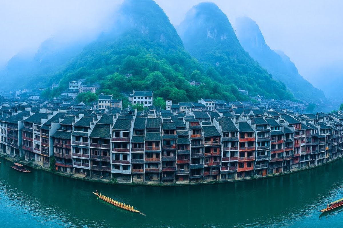Explorador sobe montanha em 30 minutos e revela cidade chinesa milenar com muralha antiga, rio em S, ruas de pedra intactas, trilhas cênicas e trens cortando paisagens (3)