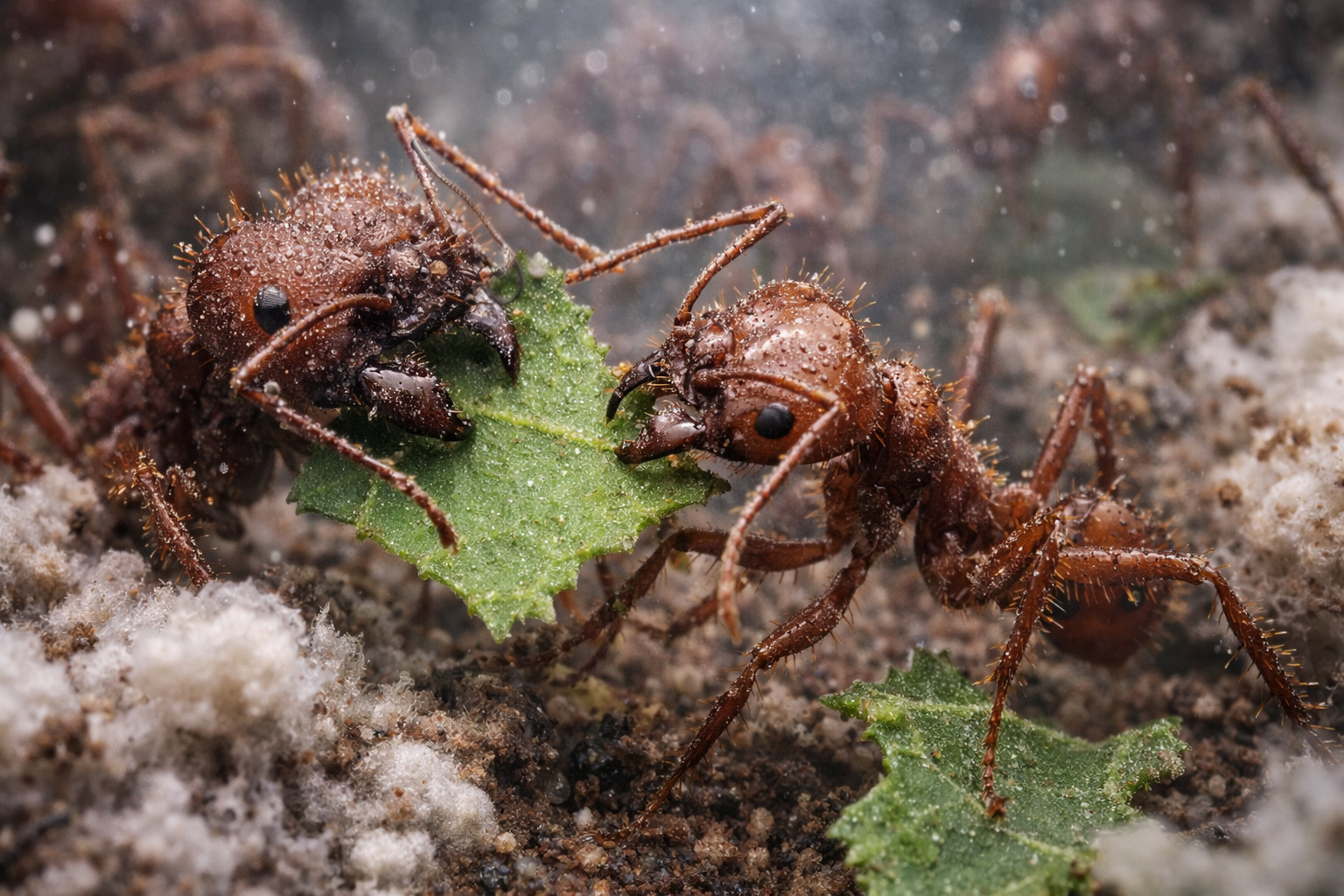 Milhões de formigas-cortadeiras (Atta e Acromyrmex) criam fungos em câmaras que chegam a metros de profundidade, regulam umidade e ventilação e mantêm uma agricultura que antecede a humana em milhões de anos