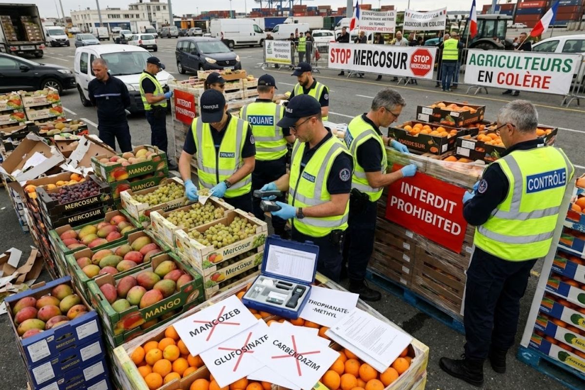 pressão de agricultores leva França a suspender importação de frutas do Mercosul com agrotóxicos proibidos na União Europeia e fiscalizações em 2026.