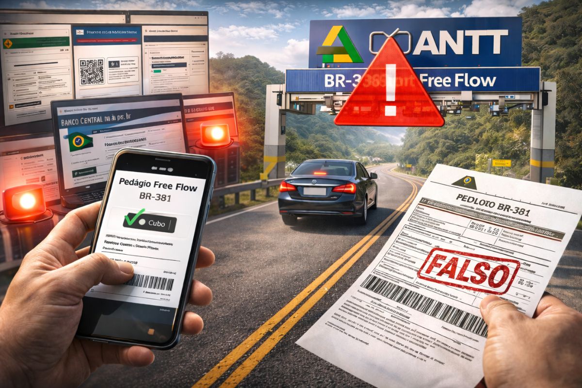 Golpe do pedágio Free Flow disparou sites falsos cobram Pix e boletos na BR-381, ANTT alerta que não existe boleto automático nem site único, e dá dicas para não cair