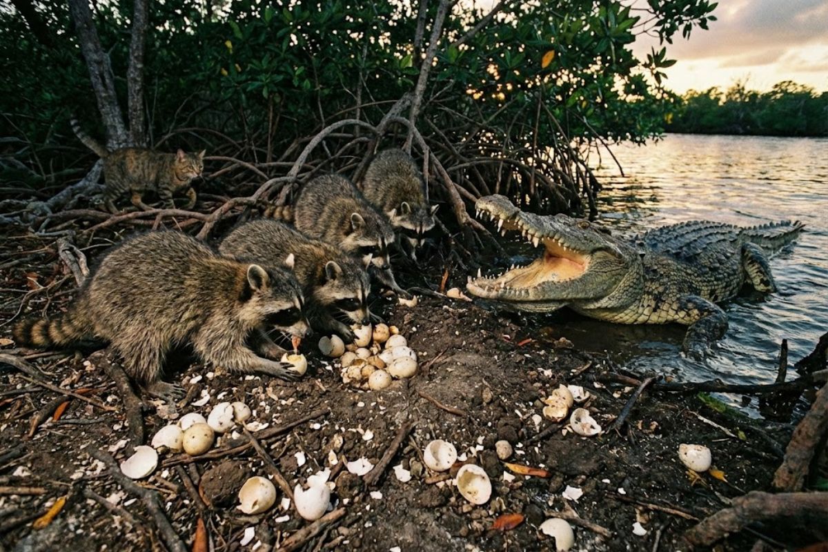 crocodilos-americanos na Flórida Keys sofrem com guaxinins; estudo liga Toxoplasma a gatos ferais e expõe dilema de conservação.