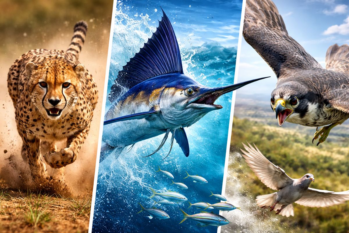 Guepardo a 115 kmh, peixe-vela a 110 kmh e falcão-peregrino a 320 kmh os três animais mais rápidos da terra, da água e do ar, com caça em alta velocidade e recordes citados no vídeo