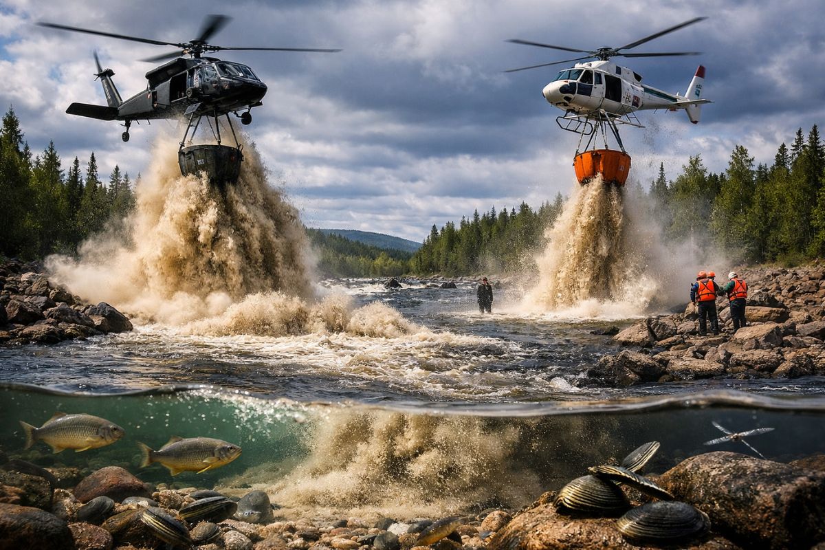 Helicóptero despeja areia e cascalho no rio Abramsån para restaurar ecossistemas fluviais, recuperar fauna bentônica e testar engenharia extrema na Lapônia sueca.