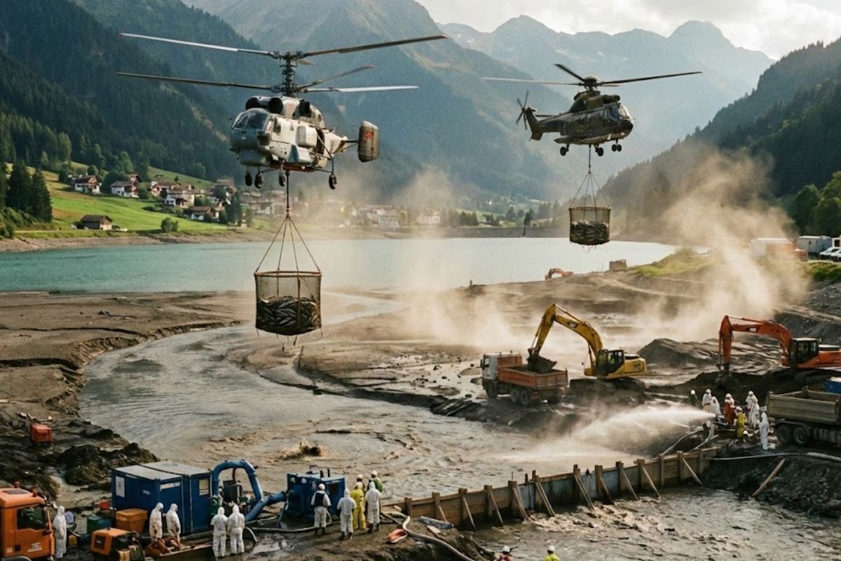 Limpeza do rio Spöl remove PCBs de sedimento contaminado em parque nacional, com helicópteros, peixes transferidos e restauração do ecossistema