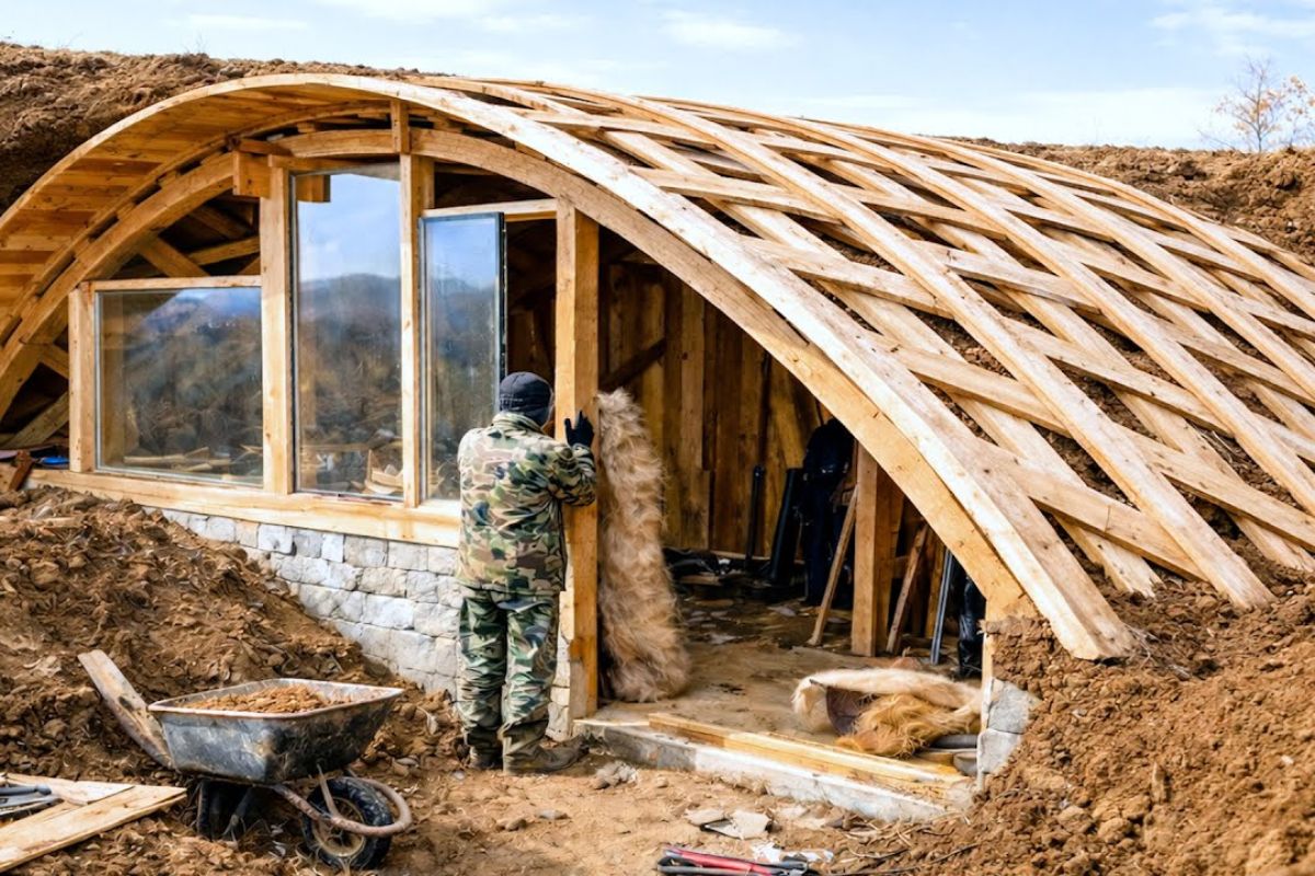 casa subterrânea estilo hobbit por US$ 2.000 detalha bioarquitetura com troncos secos, telhado arqueado e impermeabilização por membrana, além de isolamento, argila e gramado para formar cobertura viva integrada ao terreno.
