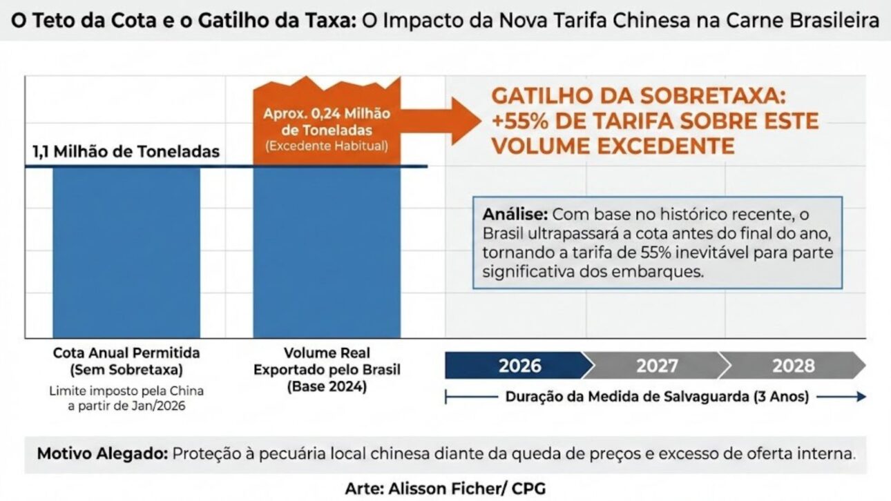China impõe tarifa de 55% à carne brasileira, cria cotas por três anos e pressiona exportações do Brasil ao maior parceiro comercial.