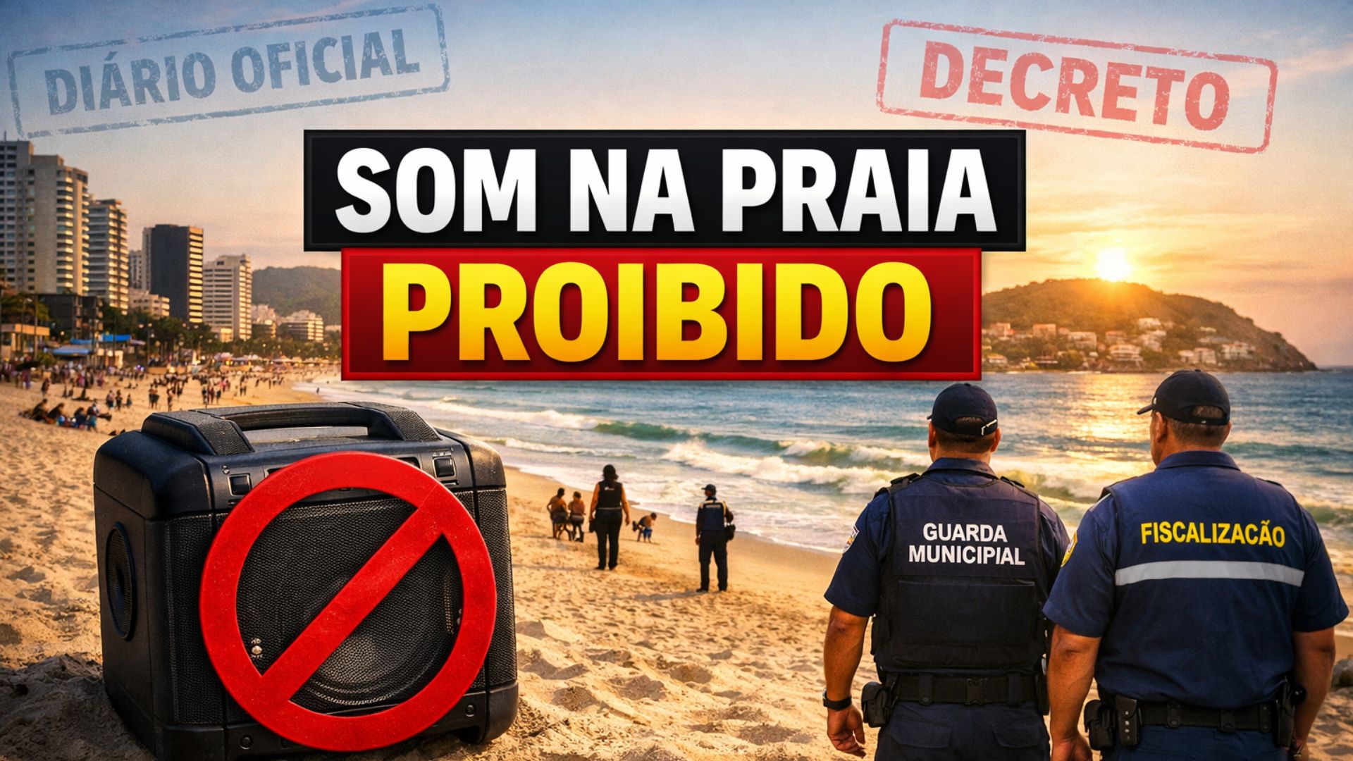 Decreto 303/2025 proíbe caixas de som nas praias de Macaé, com multa de 100 URMs, apreensão após advertência e regra válida mesmo com volume baixo.