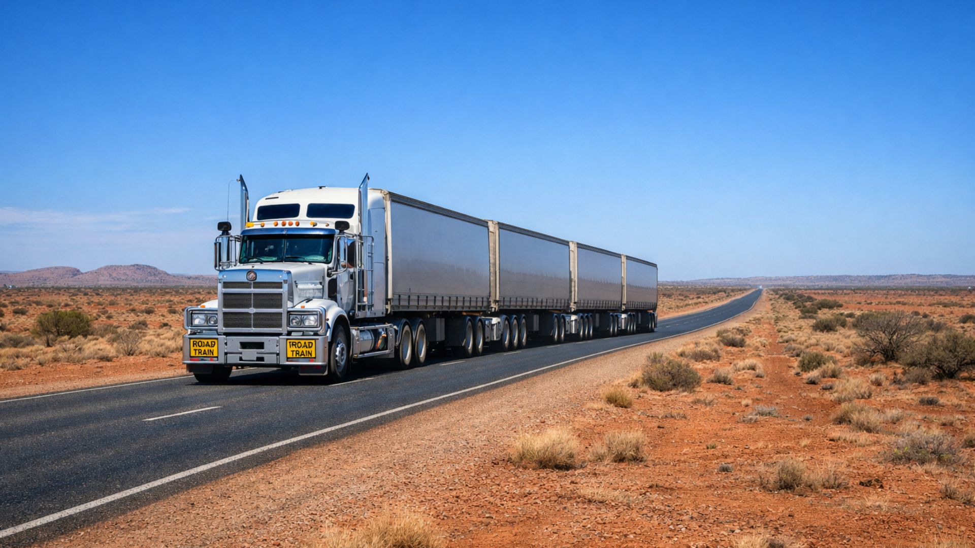 Entenda por que a Austrália adotou caminhões de até 53,5 metros e como os road trains sustentam a logística no interior do país.