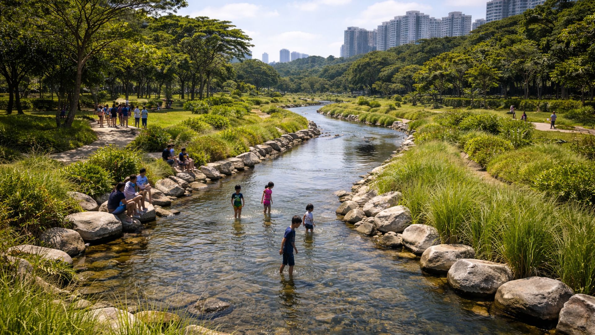 Canal de concreto foi transformado em rio naturalizado em Singapura, melhorou a drenagem urbana, atraiu vida selvagem e mudou o uso do parque.