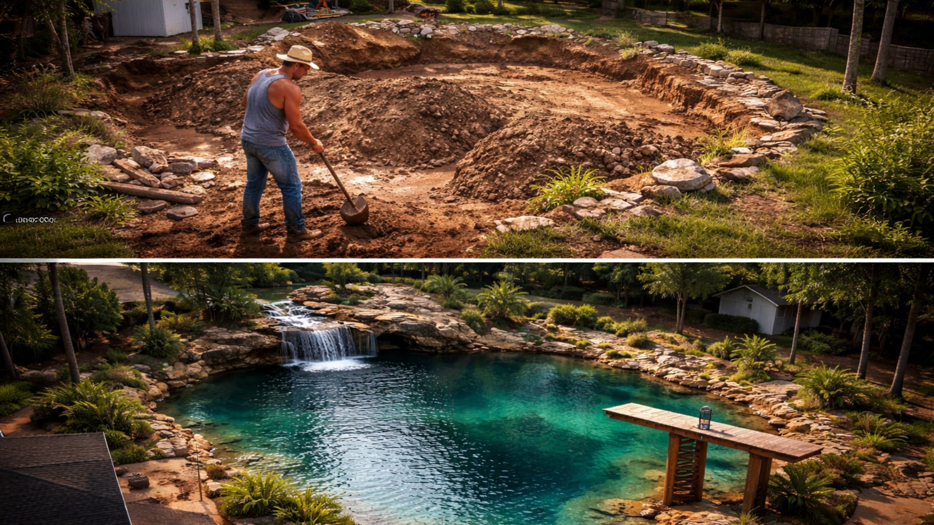 Quintal nos EUA virou lagoa com quase 2 milhões de litros após 29 anos de obra artesanal, cachoeira, áreas profundas e uso comunitário.