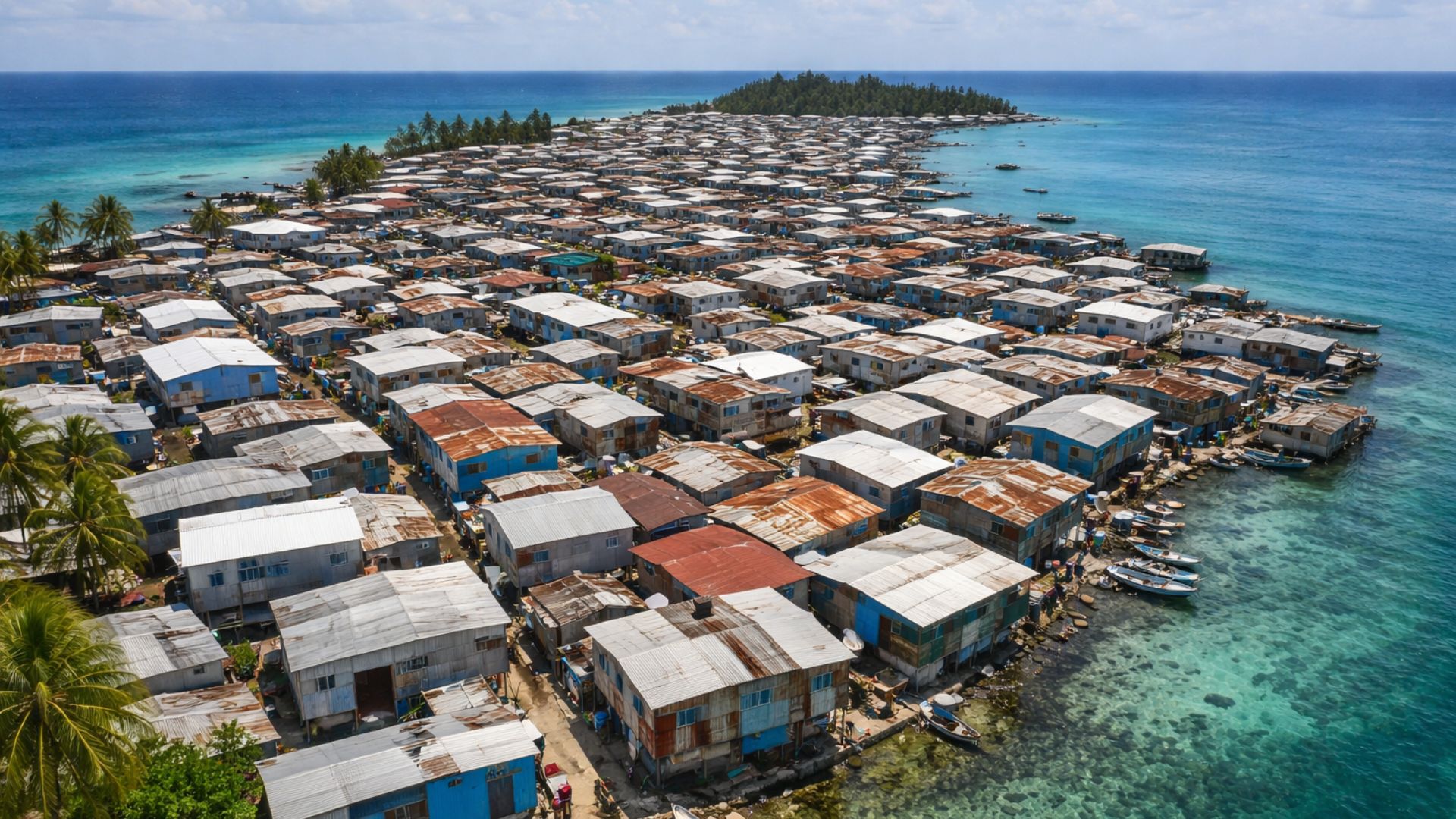 Com apenas 0,36 km², a ilha de Ebeye concentra milhares de moradores e enfrenta desafios extremos de água e saneamento no Pacífico.
