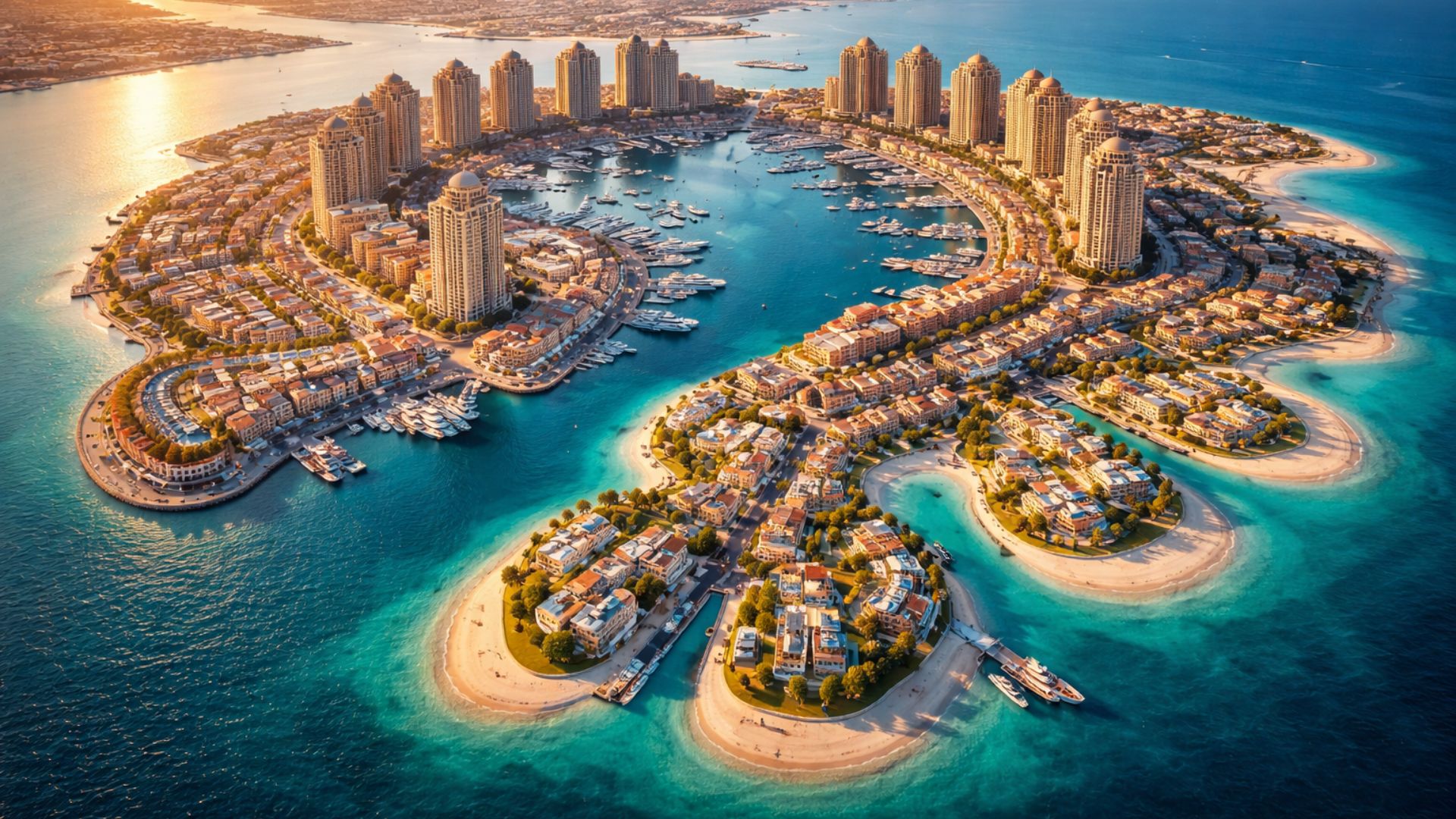 Ilha artificial The Pearl, no Qatar, reúne imóveis de luxo, arquitetura europeia, hotéis cinco estrelas e liberdade rara no Oriente Médio.