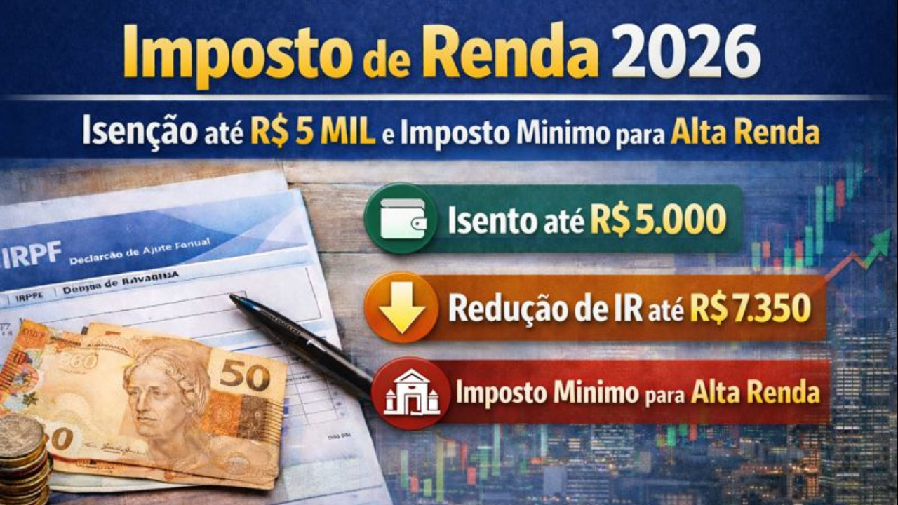 Com o Imposto de Renda 2026, quem ganha até R$ 5 mil fica isento e rendas maiores passam a pagar imposto mínimo e tributação de dividendos.