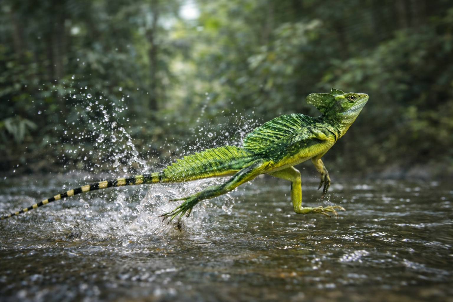 Lagarto Jesus (Basiliscus basiliscus), com até 80 centímetros de comprimento e velocidade de 2 metros por segundo, corre sobre superfícies de rios para escapar de predadores